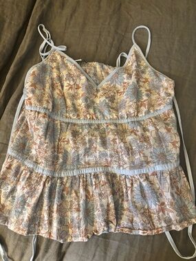 American Eagle Outfitters Cream Floral Tiered Cami with Blue Accents